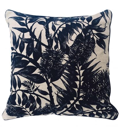 bees in the bottlebrush cushion cover in navy
