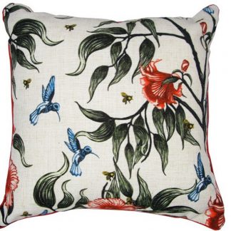linen cushion cover with birds in the flowers design designed and printed in Melbourne.
