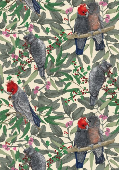 Gang Gang Cockatoo design available as a print on wallpaper, upholstery fabric, linen and our commercial fabric range.