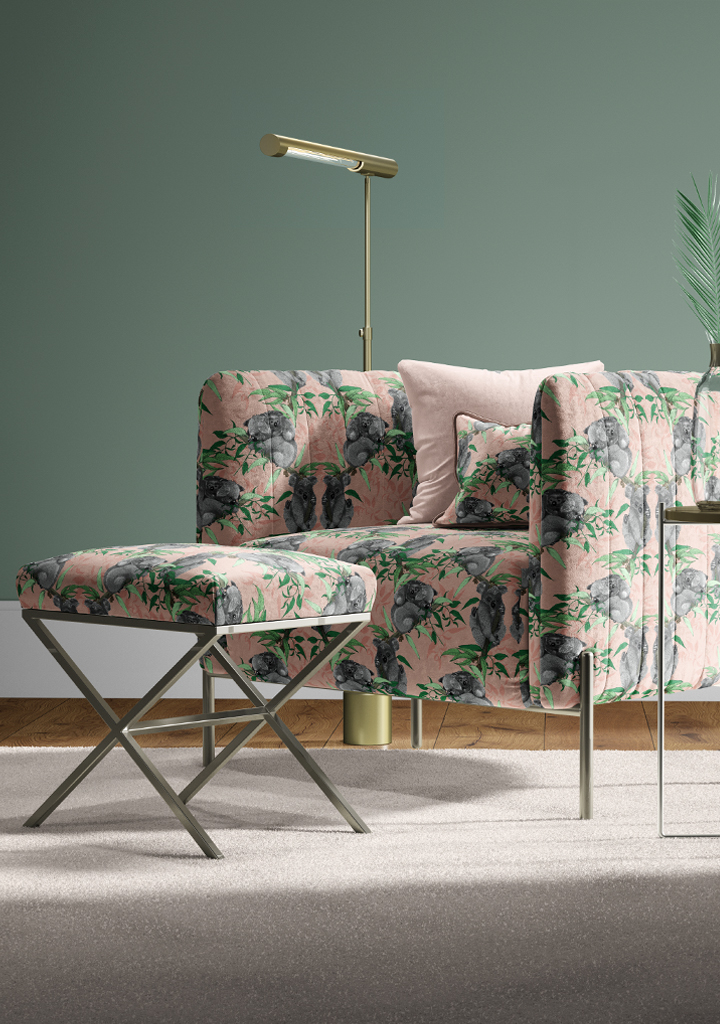 koala-bear_Salmon_arrm-chair-interior-scene Beautiful fabric and wallpaper suitable for residential and commercial interiors.