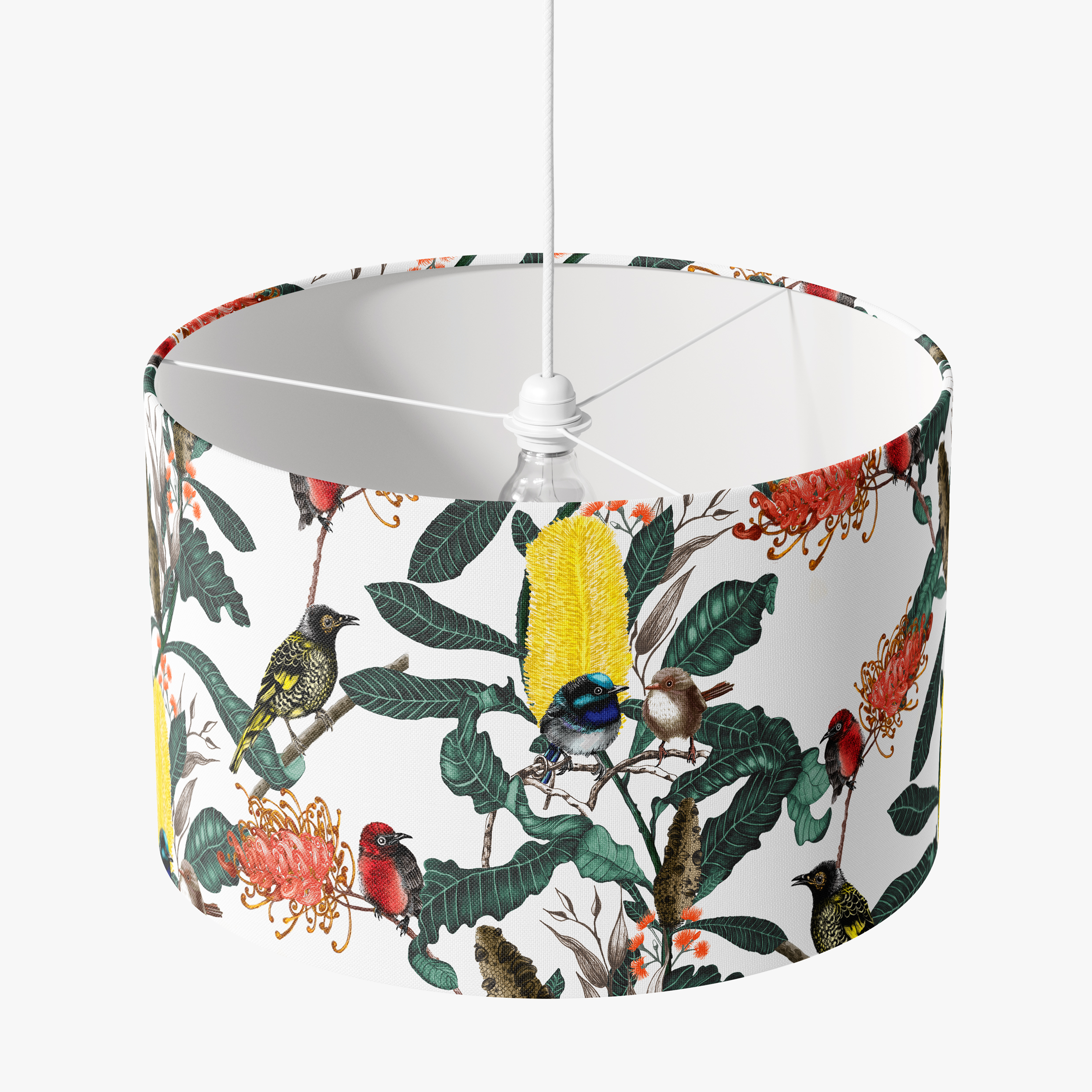 Drum Lampshade with Banksia Medley yellow on White