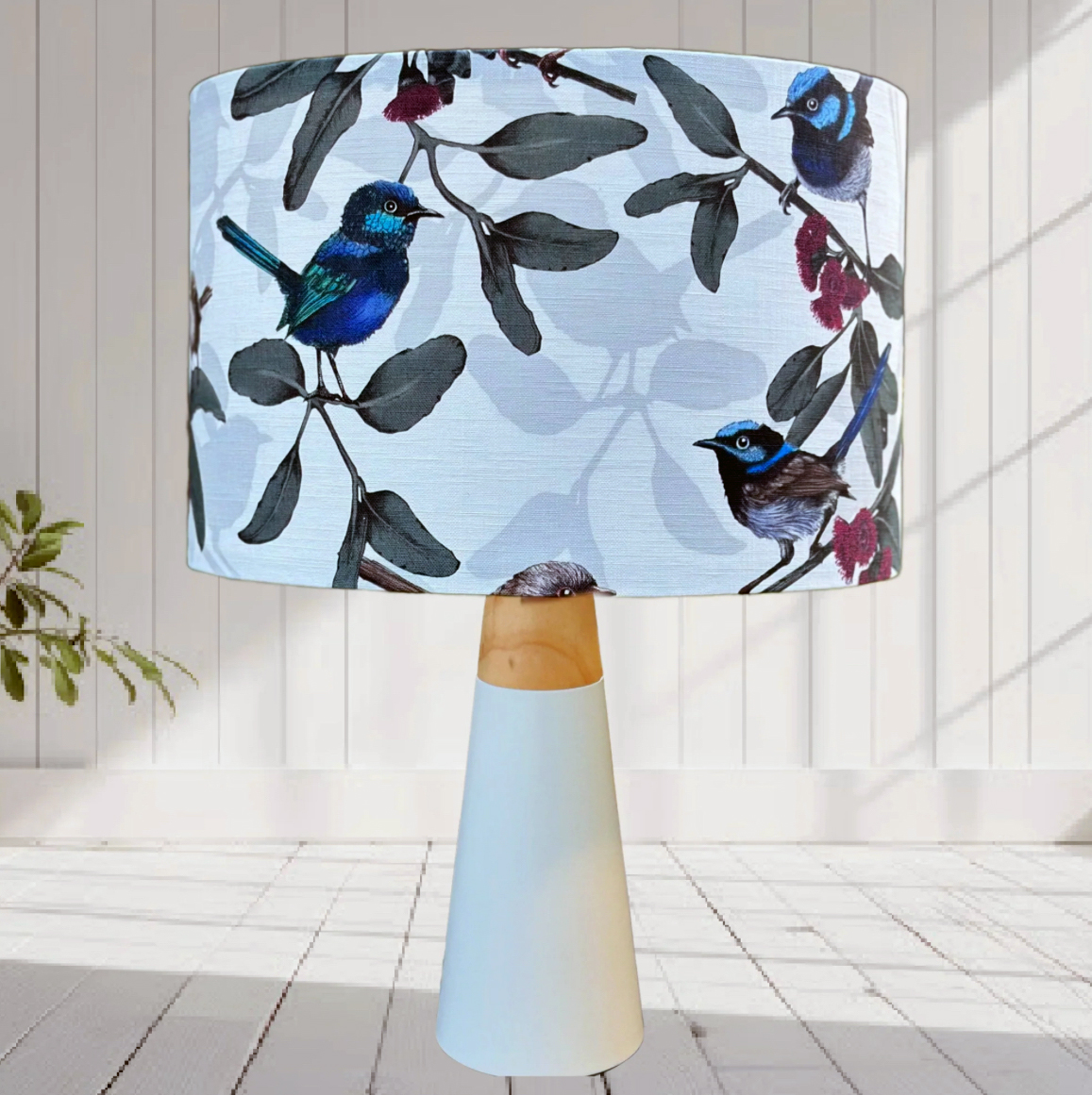 Little wrens on White Drum lampshade Little wrens on White Drum lampshade
