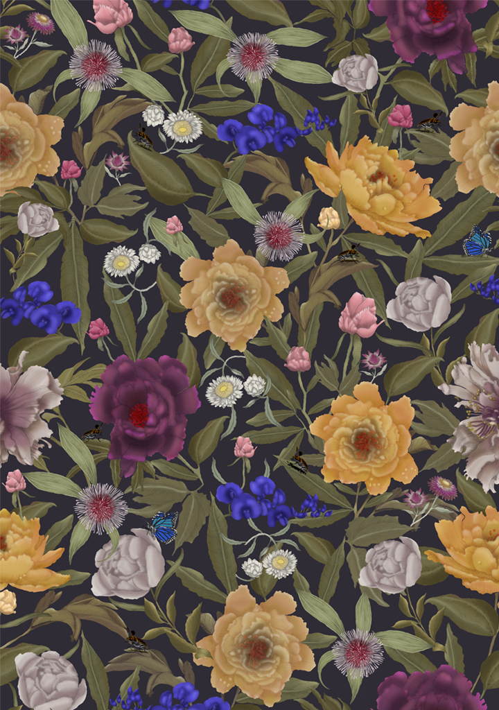 Wildflower-No-2-Peony_Colour-1-Slate Beautiful fabric and wallpaper suitable for residential and commercial interiors.