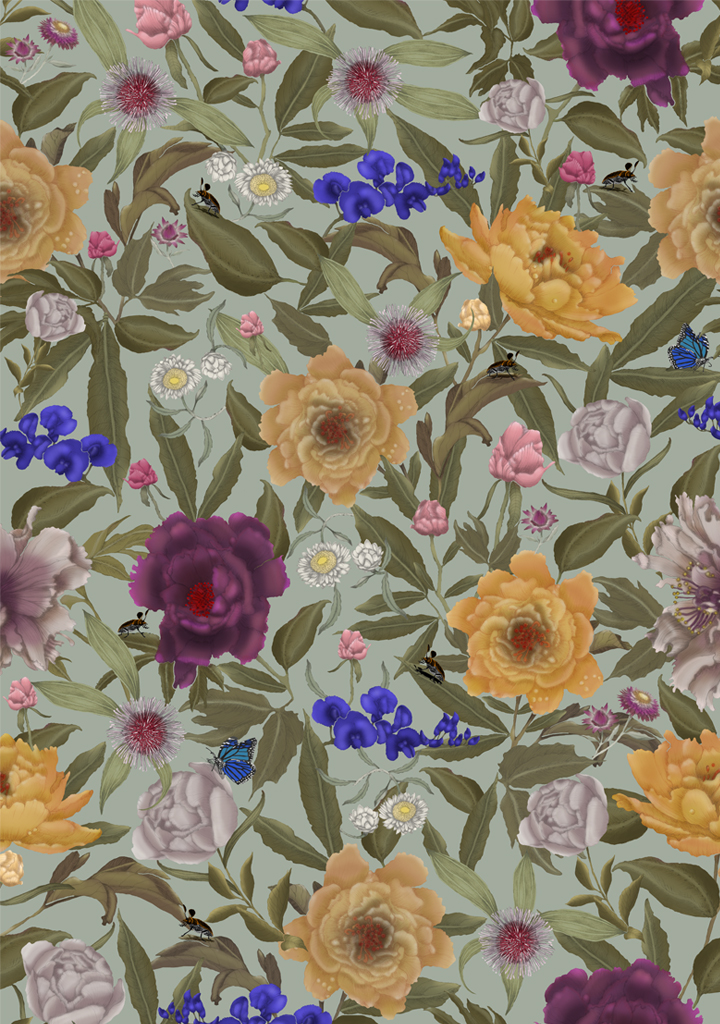 Wildflower-No-2-Peony_Colour-2-Sage Beautiful fabric and wallpaper suitable for residential and commercial interiors.