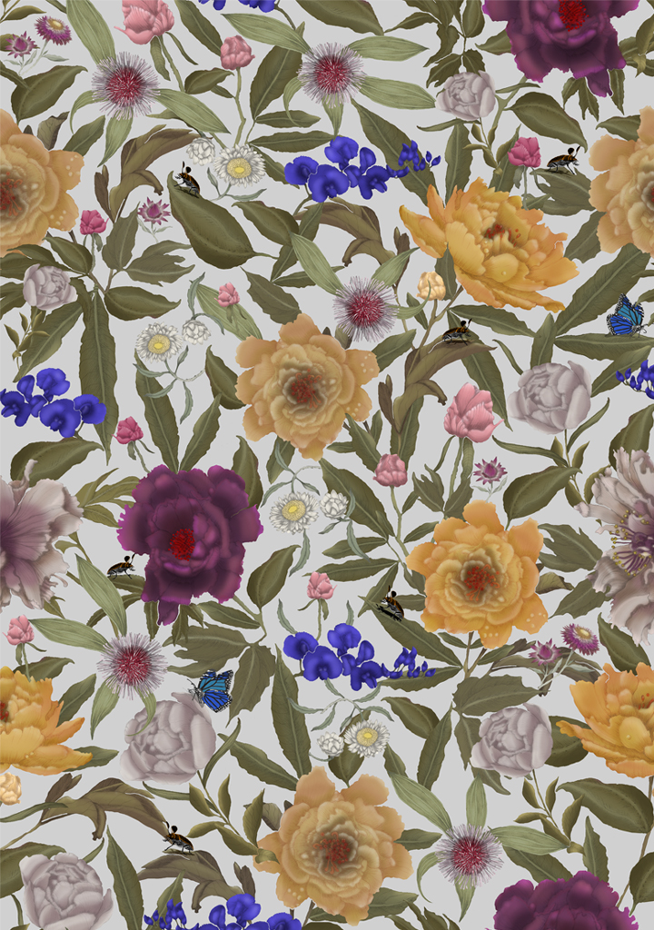 Wildflower-No-2-Peony_Colour-3-Light-Grey Beautiful fabric and wallpaper suitable for residential and commercial interiors.