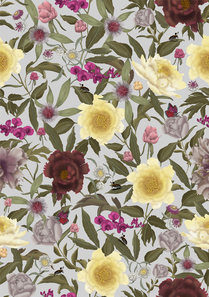 Wildflower-No-2-Peony_Colour-4-Light-Grey Beautiful fabric and wallpaper suitable for residential and commercial interiors.