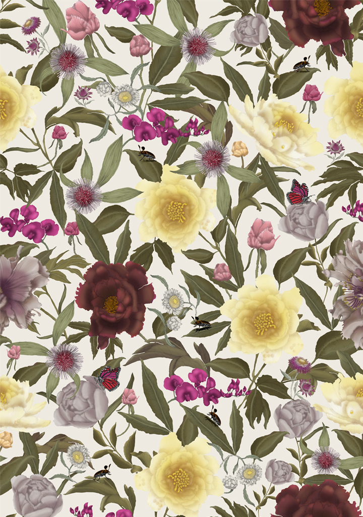 Wildflower-No-2-Peony_Colour-5-Whisper-white Beautiful fabric and wallpaper suitable for residential and commercial interiors.