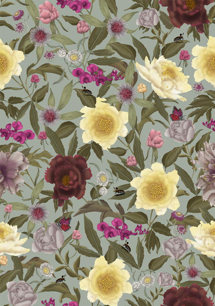 Wildflower-No-2-Peony_Colour-6-Sage Beautiful fabric and wallpaper suitable for residential and commercial interiors.