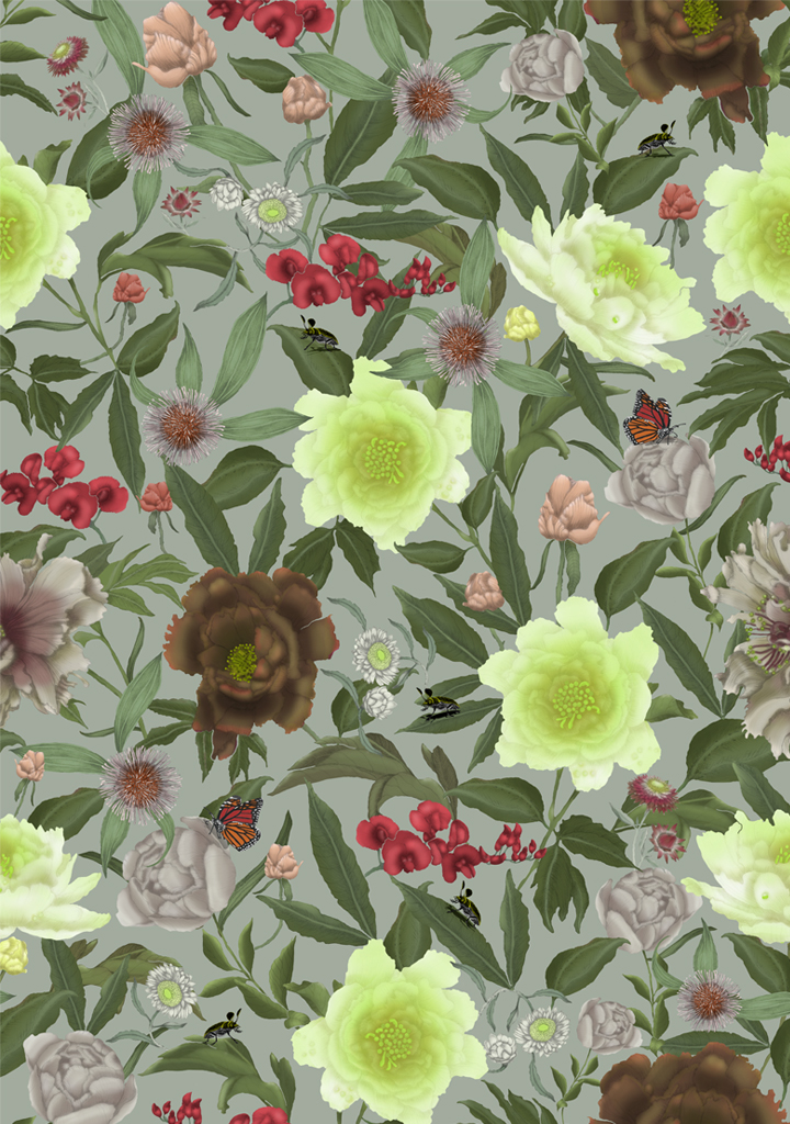 Wildflower-No-2-Peony_Colour-7-Sage Beautiful fabric and wallpaper suitable for residential and commercial interiors.