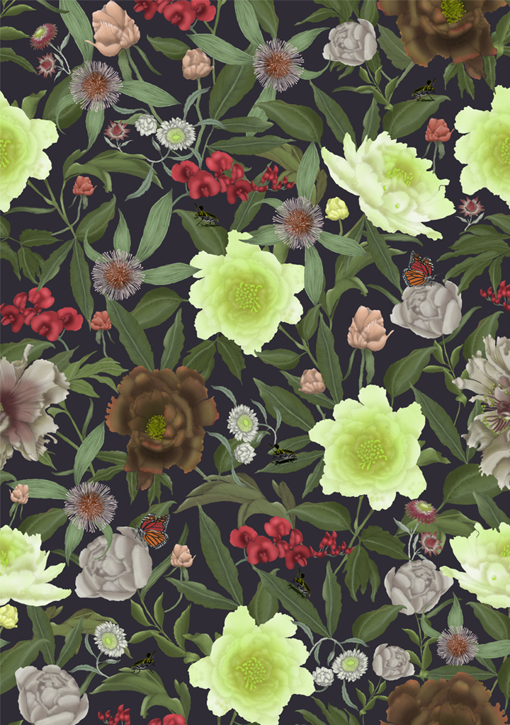 Wildflower-No-2-Peony_Colour-8-Slate Beautiful fabric and wallpaper suitable for residential and commercial interiors.
