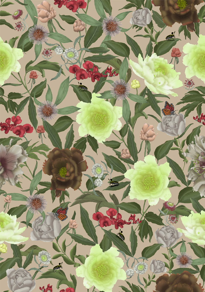 Wildflower-No-2-Peony_Colour-9-Biscuit Beautiful fabric and wallpaper suitable for residential and commercial interiors.