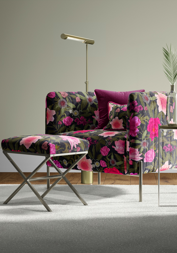 wildflowers-2-Peony_colour-10-Fuchsia_armchair-interior-scene Beautiful fabric and wallpaper suitable for residential and commercial interiors.