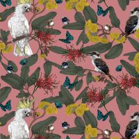 cockatoos, butterflies blue wrens and gumleaves